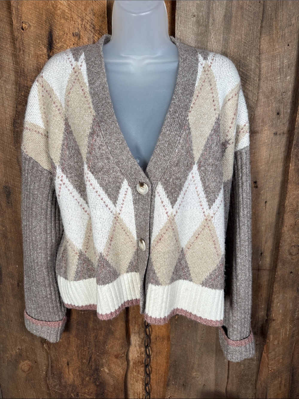 Rachel Zoe Taupe, Cream & Beige Argyle Button-Front Cardigan